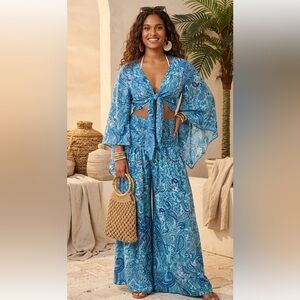 Boho style set, bell sleeve wrap top and matching pants, one size fits most!